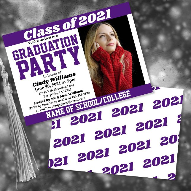 Purple White School Colours Photo Graduation Invitation (Creator Uploaded)