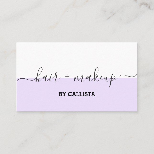 Purple White Script Hair Makeup Business Card (Front)