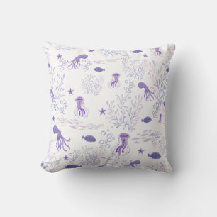 Purple White Sealife Fish Octopus Jellyfish  Cushion