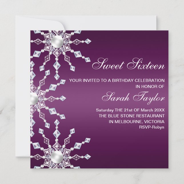 Purple & White Shimmer Snowflake Birthday Invite (Front)
