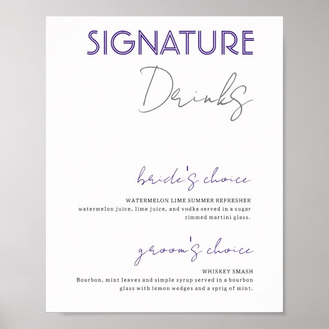 Purple & White Signature Drinks Wedding Bar Poster (Front)