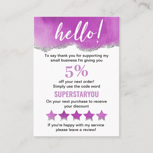 Purple White Silver Glitter Thank You Discount Business Card (Front)