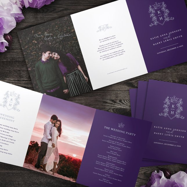 Purple white silver photo crown monogram wedding Tri-Fold programme (Creator Uploaded)