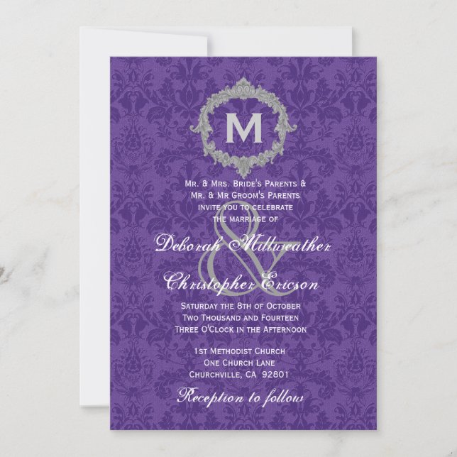 Purple White Silver Vintage Monogram Wedding V021 Invitation (Front)