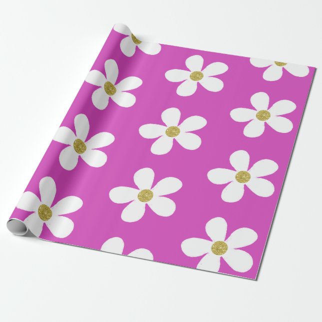 Purple White Simple Daisy Gold Wrapping Paper (Unrolled)