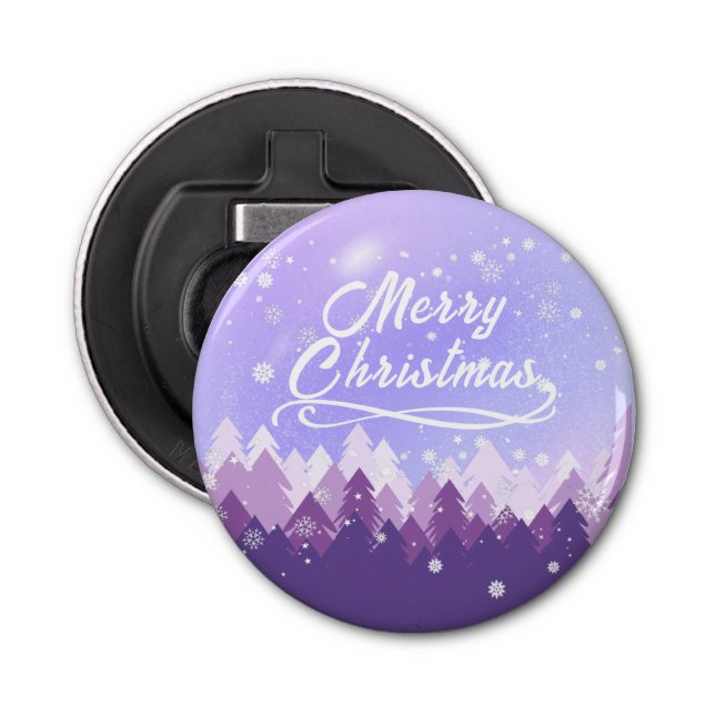 Purple White Snow Peaceful Forest Merry Christmas Bottle Opener (Front)