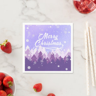Purple White Snow Peaceful Forest Merry Christmas Napkin