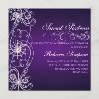 Purple & White Snowflake Sweet 16 Birthday Invite
