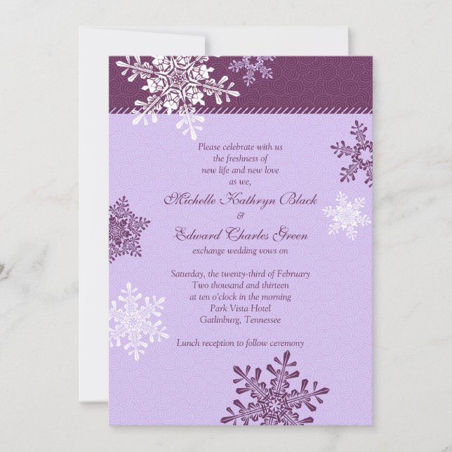 Purple White Snowflake Winter Wedding Invitation (Front)