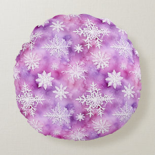 Purple White Snowflakes Christmas Round Cushion
