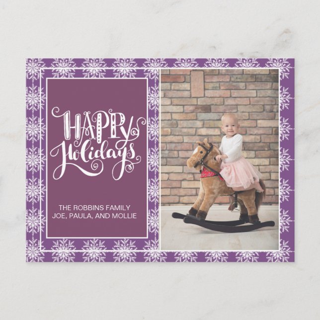 Purple White Snowflakes Happy Holidays Christmas Postcard (Front)