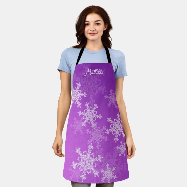 Purple White Snowflakes Minimalist Christmas Name Apron (Worn)