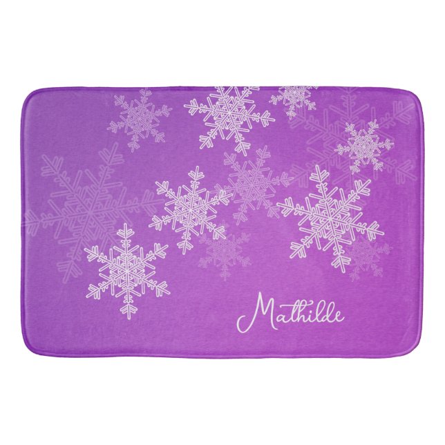 Purple White Snowflakes Minimalist Christmas Name Bath Mat (Front)