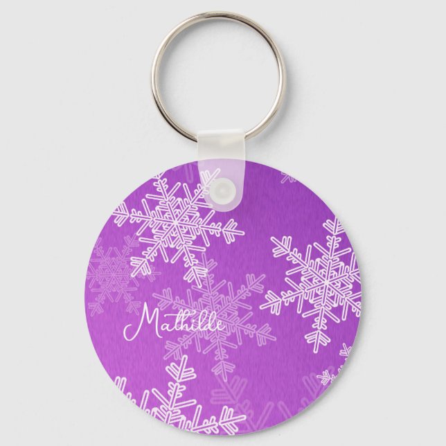 Purple White Snowflakes Minimalist Christmas Name Key Ring (Front)