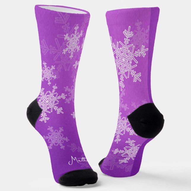 Purple White Snowflakes Minimalist Christmas Name Socks (Angled)