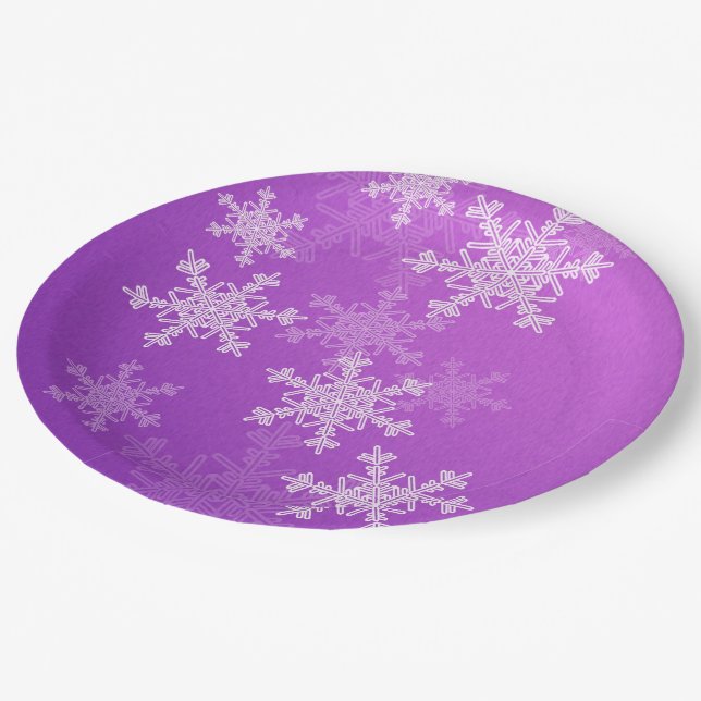 Purple White Snowflakes Minimalist Christmas Paper Plate (Angled)