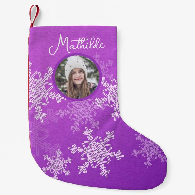 Purple White Snowflakes Minimalist Christmas Photo Small Christmas Stocking (Front)