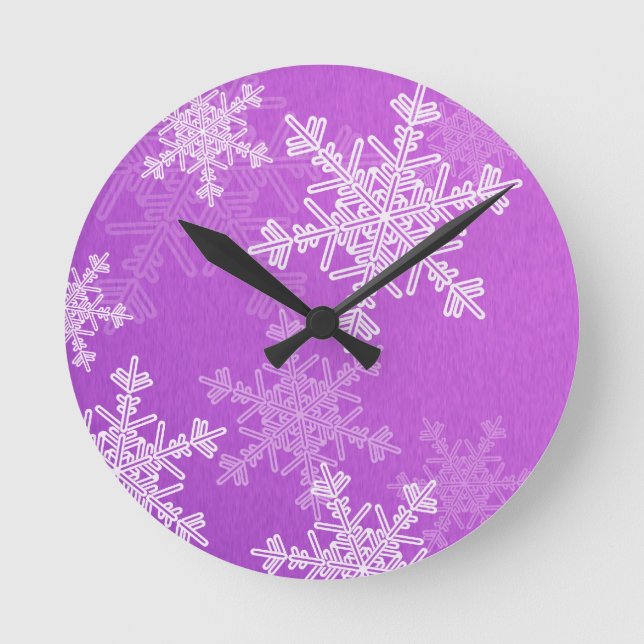 Purple White Snowflakes Minimalist Christmas Round Clock (Front)