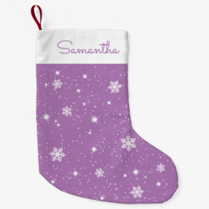 Purple White Snowflakes Stars Pattern with Name Small Christmas Stocking