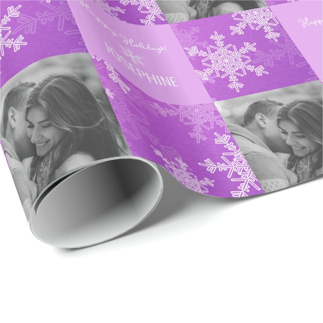 Purple White Snowlfake Minimalist Photo Christmas  Wrapping Paper (Roll Corner)