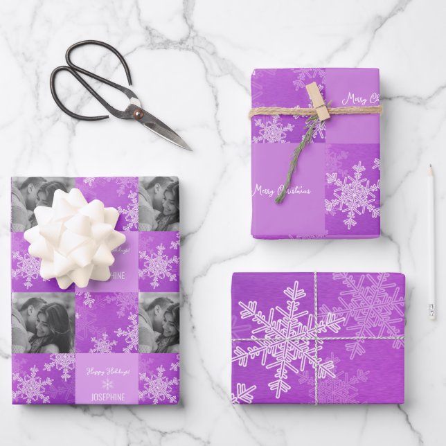Purple White Snowlfake Minimalist Photo Christmas  Wrapping Paper Sheet (Front)