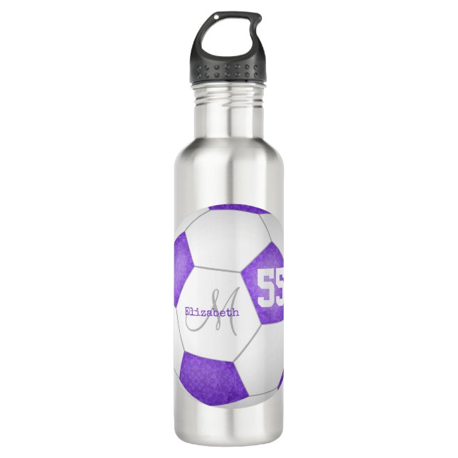 purple white soccer girl name jersey number 710 ml water bottle (Front)