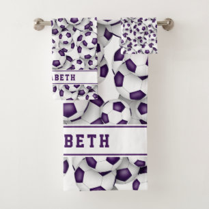 purple white soccer graduation personalised bath towel set