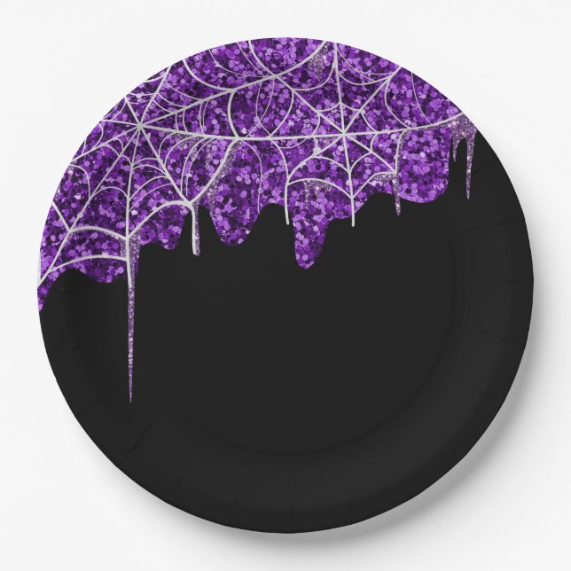 Purple & White Spiderweb Halloween Paper Plate (Front)