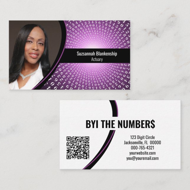 Purple White Spiral Numbers Custom Photo QR Code Business Card (Front/Back)