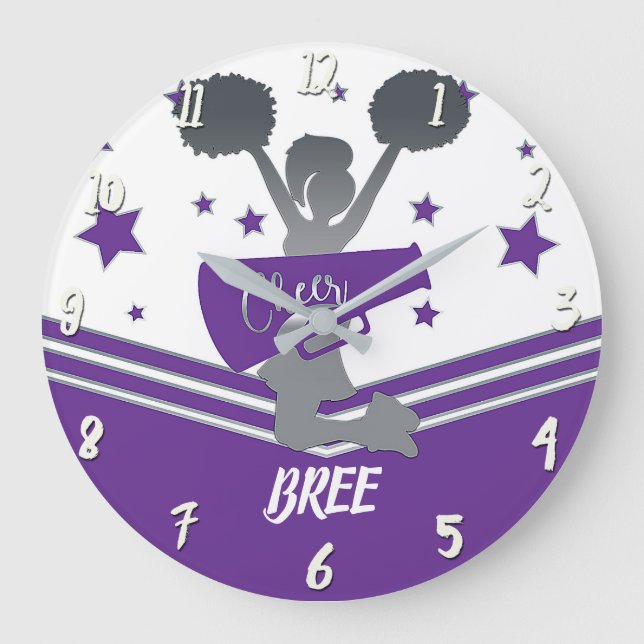 Purple & White Stars Cheer Cheer-leading Girls Large Clock (Front)
