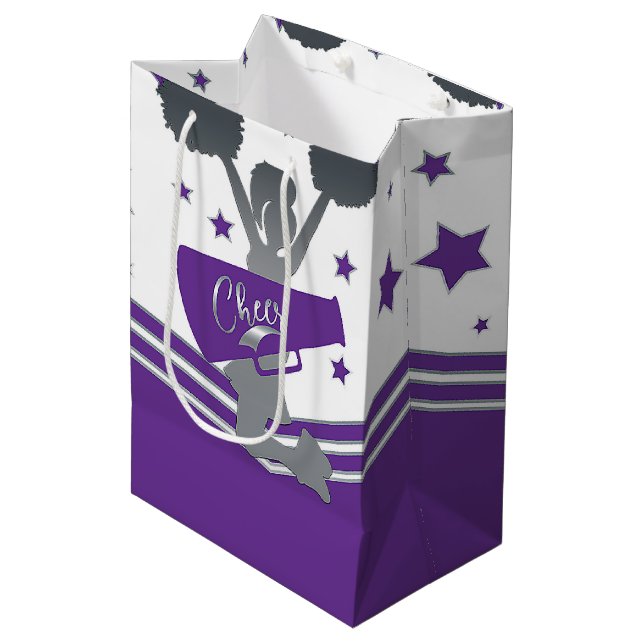 Purple & White Stars Cheer Cheer-leading Party Medium Gift Bag (Front Angled)
