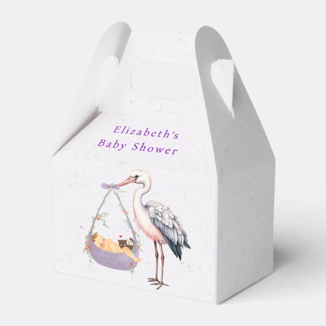 Purple White Stork Baby Shower  Favour Box (Front Side)