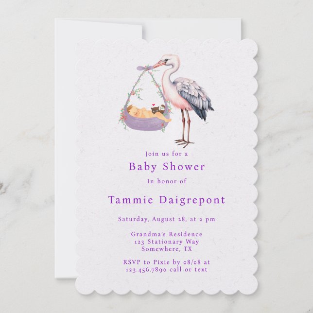 Purple White Stork Girl Baby Shower Invitation (Front)