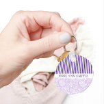 Purple-White Stripe•Swirly Wave Pattern•Custom Key Ring<br><div class="desc">Purple and white stripes background with a white,  striped band across with customisable text*.  Cute,  light purple,  swirly wave pattern on lower half.  *Template at right for your convenience.</div>