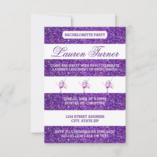 Purple & White Stripes-3x5 Bachelorette Invitation (Front)