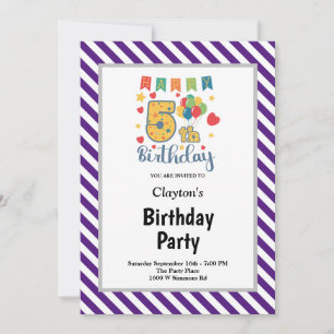 Purple/White Stripes Framed 5th Birthday Party Invitation