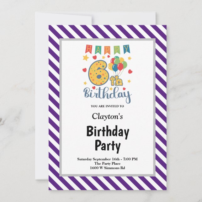 Purple/White Stripes Framed 6th Birthday Party Invitation (Front)
