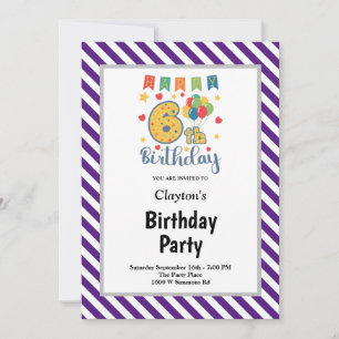 Purple/White Stripes Framed 6th Birthday Party Invitation