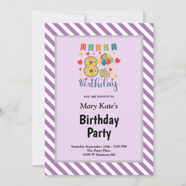 Purple/White Stripes Framed 8th Birthday Party Invitation (Front)