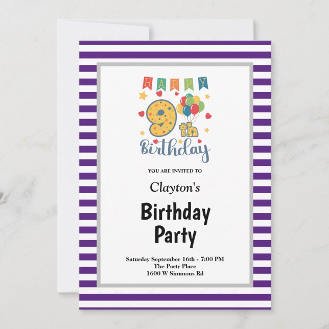 Purple/White Stripes Framed 9th Birthday Party Invitation (Front)