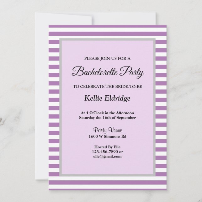 Purple/White Stripes Framed Bachelorette Party Invitation (Front)