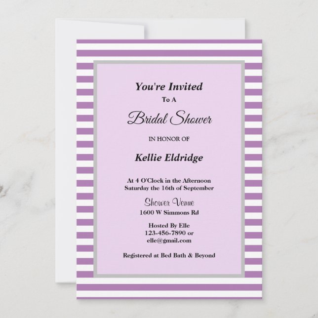 Purple/White Stripes Framed Bridal Shower Invitation (Front)