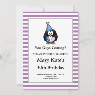 Purple/White Stripes Framed Funny Birthday Party Invitation