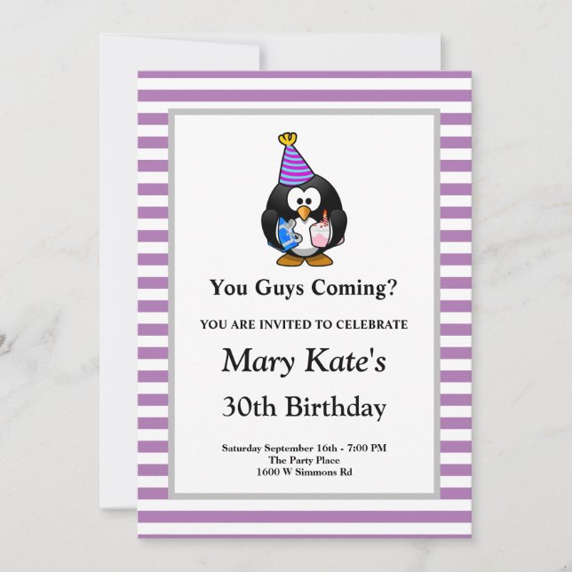 Purple/White Stripes Framed Funny Birthday Party Invitation (Front)