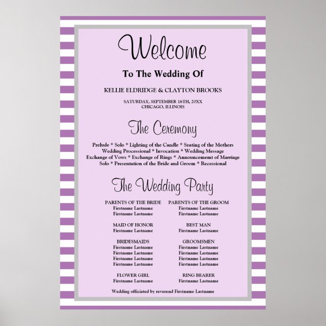Purple/White Stripes Framed Wedding Program Poster (Front)