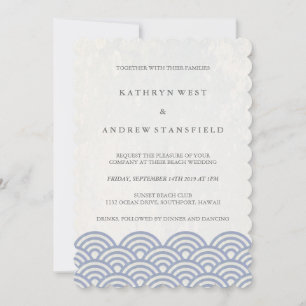 Purple+White Stylised Waves Elegant Beach Wedding Invitation