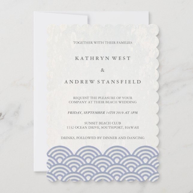 Purple+White Stylised Waves Elegant Beach Wedding Invitation (Front)
