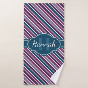 Purple White Teal Bold Stripe Pattern Monogram Bath Towel