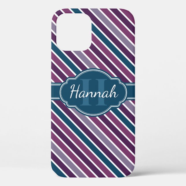 Purple White Teal Bold Stripe Pattern Monogram Case-Mate iPhone Case (Back)