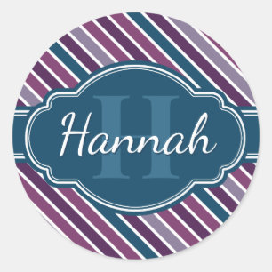 Purple White Teal Bold Stripe Pattern Monogram Classic Round Sticker